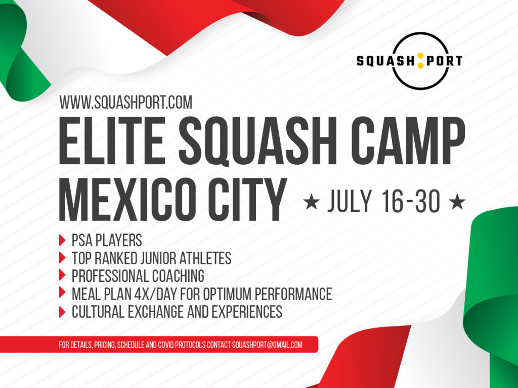 A poster for the elite squash camp in mexico city.